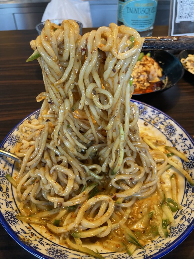 Plate of handmade Chinese noodles on a table in Frankfurt